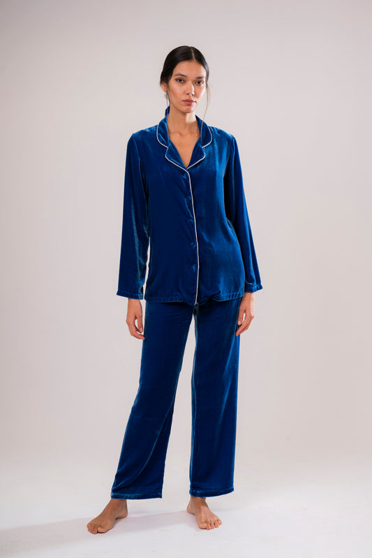 Blue Silk Velvet Pyjama Trousers